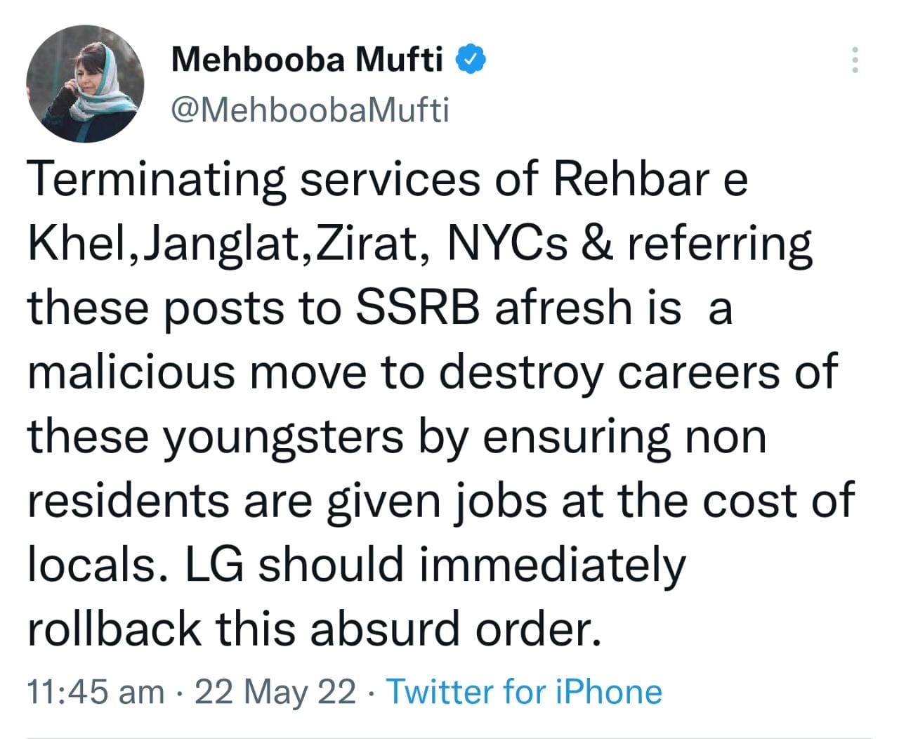 'Terminating services of Rehbar e Khel,Janglat,Zirat, NYCs; LG should immediately rollback this absurd order: Mehbooba Mufti '